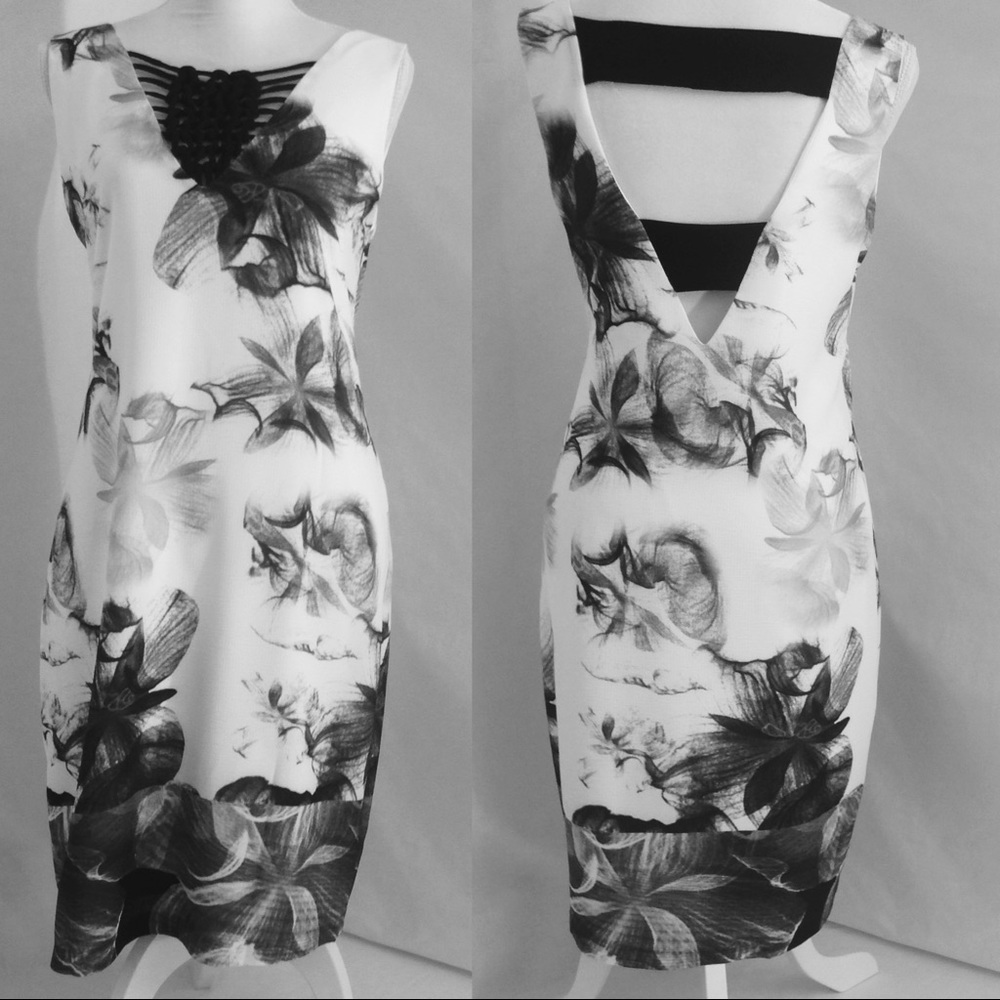 Black and white floral design midi dress